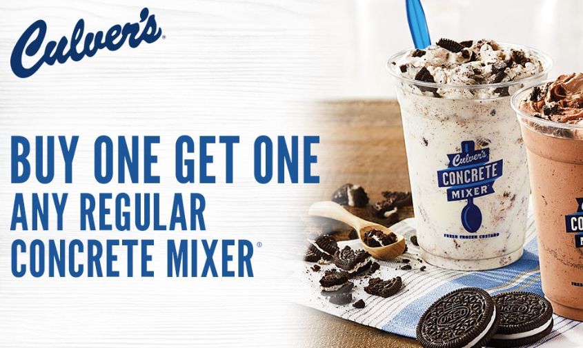 Members of MyCulver's Program Check Your Inbox for a Limited Time BOGO Concrete Mixer Coupon at Culver's Members of MyCulver's Program Check Your Inbox for a Limited Time BOGO Concrete Mixer Coupon at Culver's