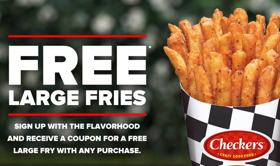 Sign Up for Checkers EClub and Get a Coupon for a Free Large Fries with Purchase Sign Up for Checkers EClub and Get a Coupon for a Free Large Fries with Purchase