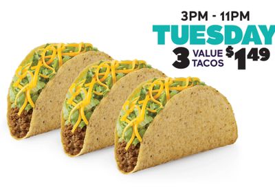 Every Tuesday from 3 to 11 pm Get 3 Value Tacos for $1.49 at Participating Del Taco Restaurants