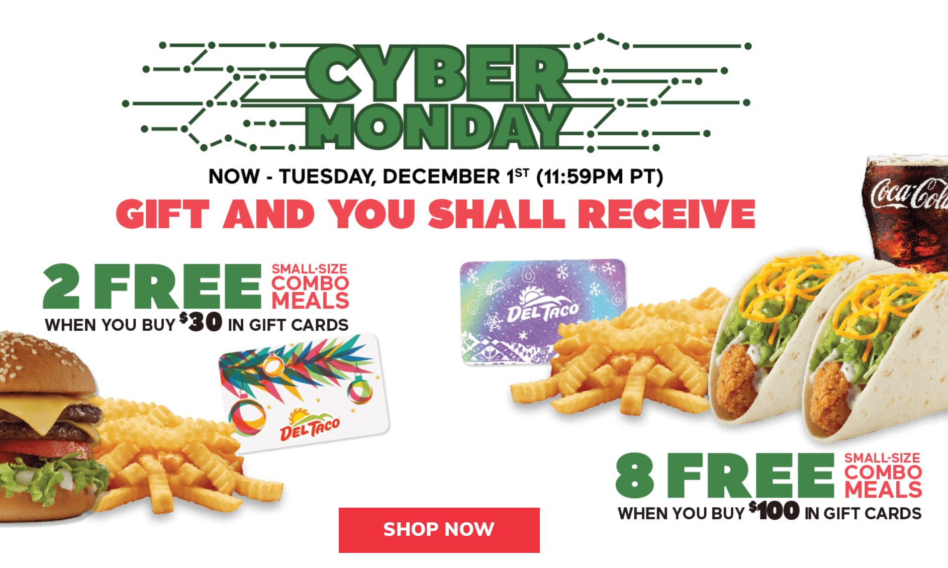 Cyber Monday and Tuesday Small Meal Give-Aways with $30+ Gift Card Purchases at Del Taco Cyber Monday and Tuesday Small Meal Give-Aways with $30+ Gift Card Purchases at Del Taco