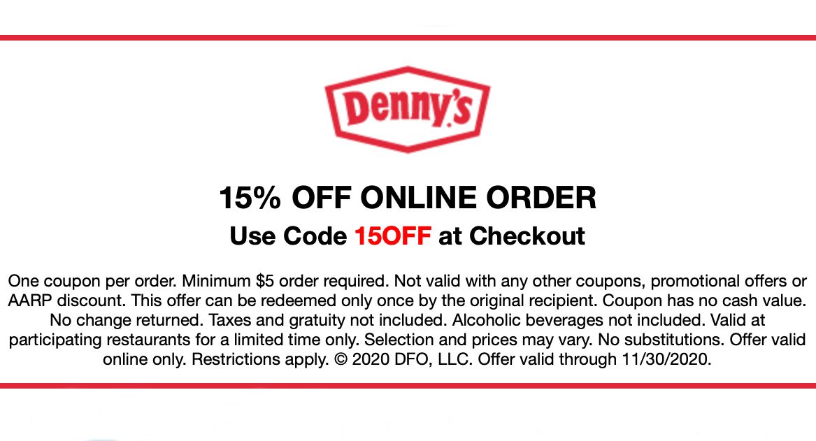 Cyber Monday Only: Get 15% Off Your $5+ Online Orders at Denny's November 30 Cyber Monday Only: Get 15% Off Your $5+ Online Orders at Denny's November 30