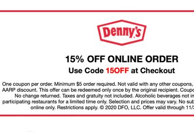 Cyber Monday Only: Get 15% Off Your $5+ Online Orders at Denny's November 30