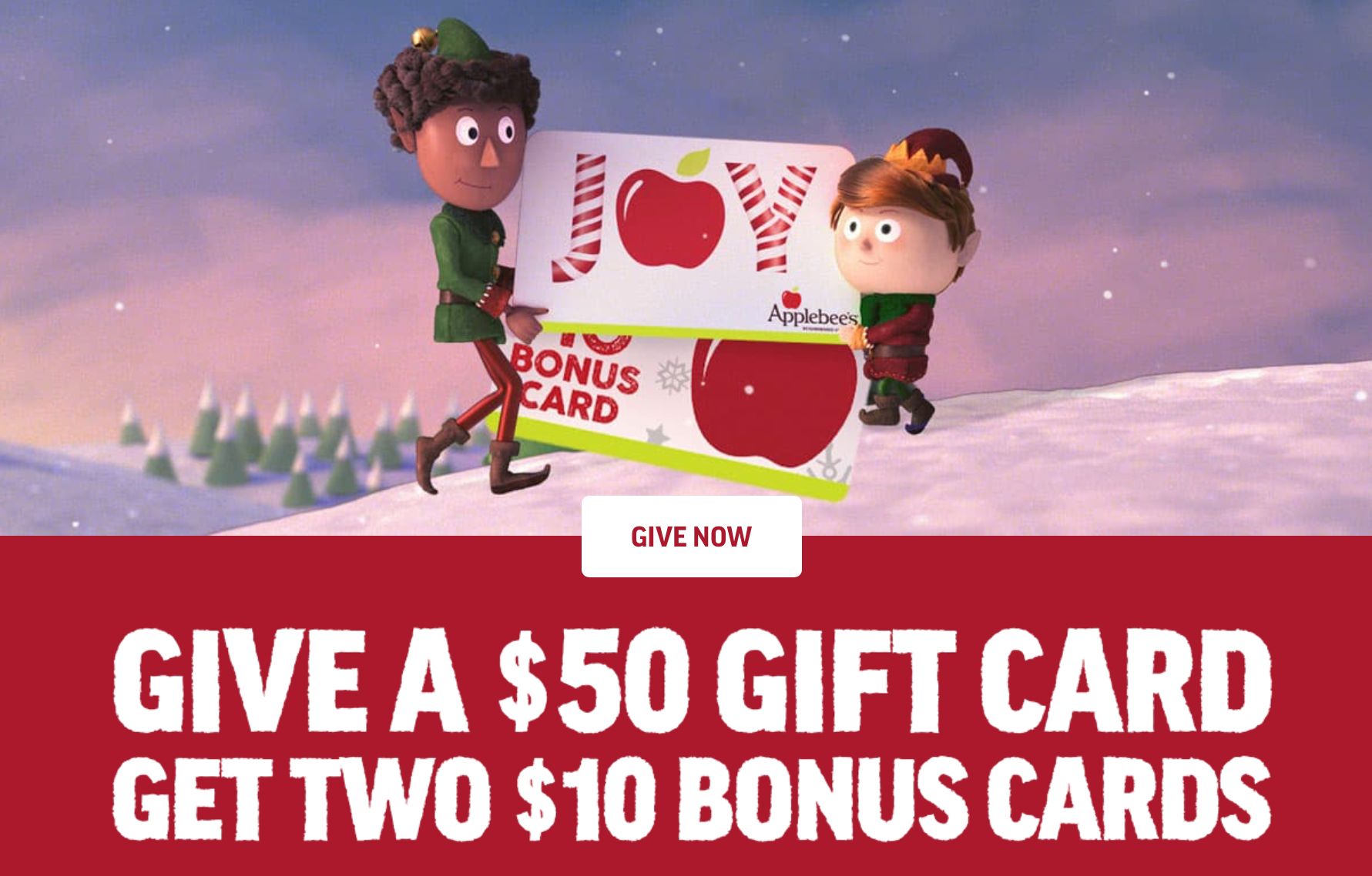 Cyber Monday Only: Buy a $50 Applebee's Gift Card Online and Get 2 Free $10 Bonus Cards Cyber Monday Only: Buy a $50 Applebee's Gift Card Online and Get 2 Free $10 Bonus Cards