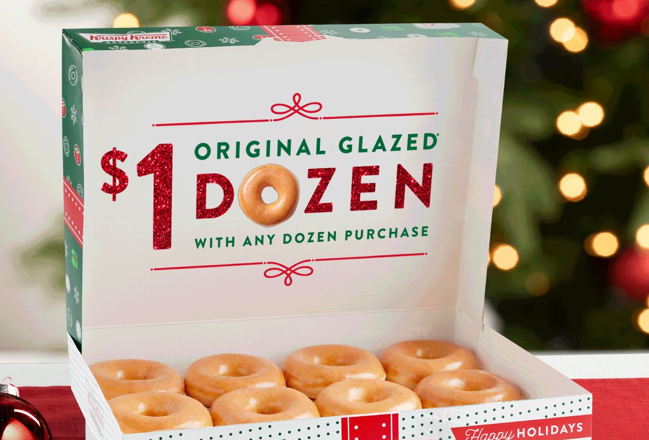 Buy 1 Dozen Doughnuts In-Store, Get 1 Original Glazed Dozen for $1 at Krispy Kreme Extended to December 13 Buy 1 Dozen Doughnuts In-Store, Get 1 Original Glazed Dozen for $1 at Krispy Kreme Extended to December 13