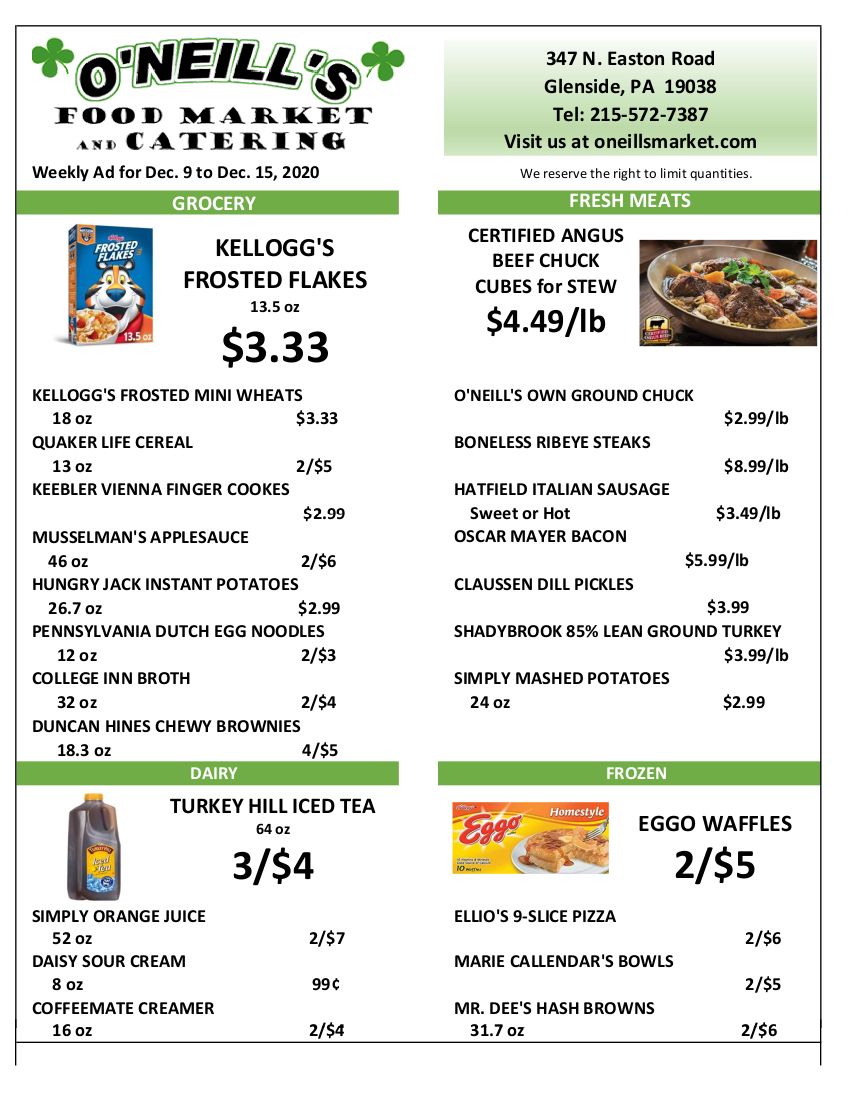 O'Neill's Food Market Weekly Ad Flyer December 9 to December 15, 2020