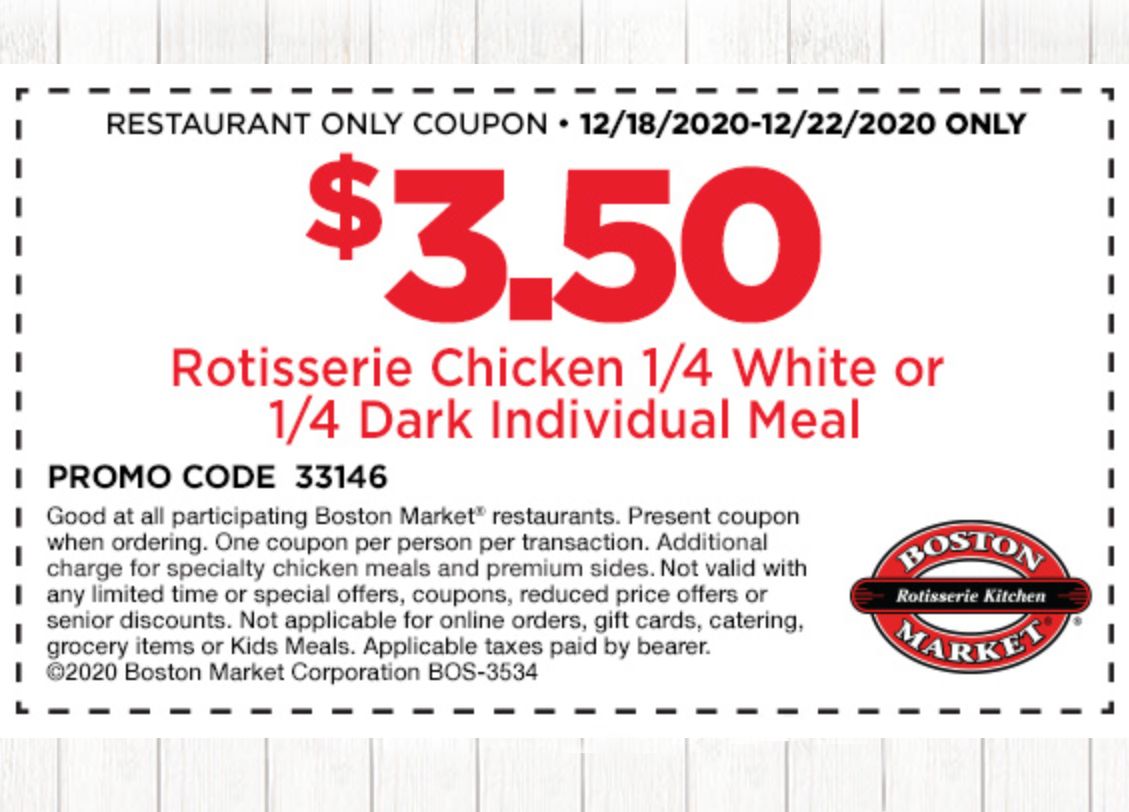 Rotisserie Rewards Members Check Your Inbox for a $3.50 1/4 Pound Chicken Meal Coupon (In-Restaurant Only) Rotisserie Rewards Members Check Your Inbox for a $3.50 1/4 Pound Chicken Meal Coupon (In-Restaurant Only)