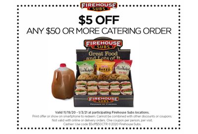 Get $5 Off Your $50+ Catering Order with New Coupon at Firehouse Subs