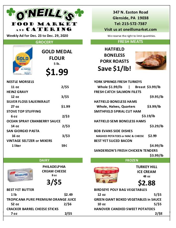 O'Neill's Food Market Holiday Weekly Ad Flyer December 23 to December 29, 2020
