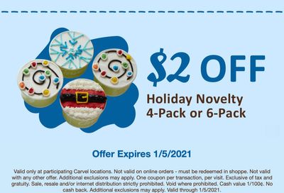 Members of Carvel's Fudge Fanatics Check Your Inbox for a $2 Off Holiday Novelty 4-Pack or 6-Pack Jolly Cups Coupon