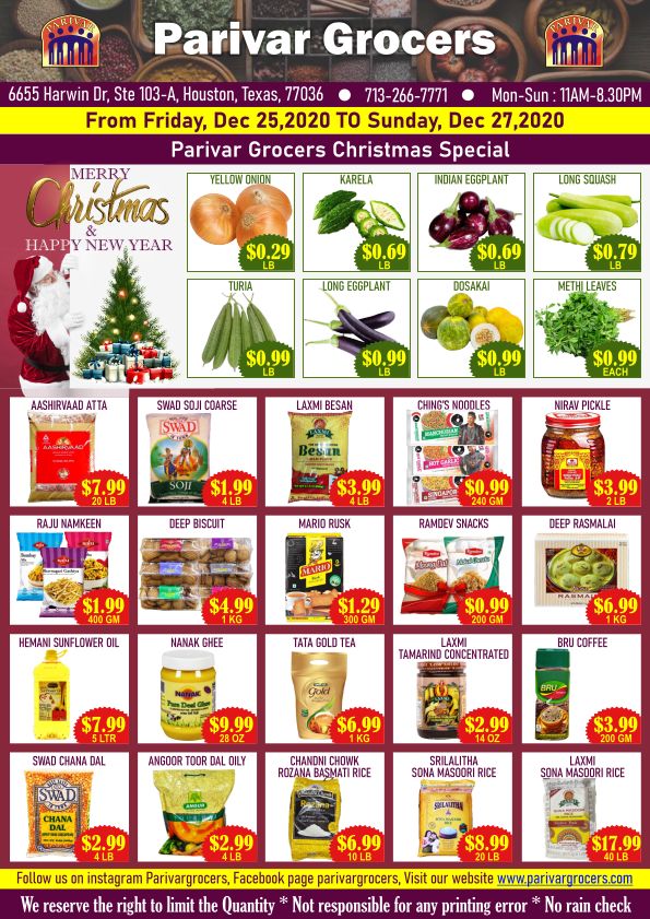 Parivar Holiday Weekend Special Ad Flyer December 25 to December 27, 2020