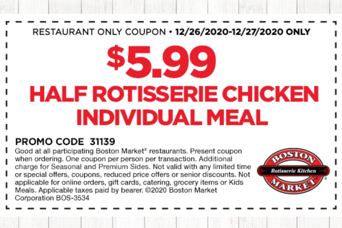 Two Days Only: Rotisserie Rewards Members Check Your Inbox for a $5.99 Half Chicken Meal Coupon (In-Restaurant Only) Two Days Only: Rotisserie Rewards Members Check Your Inbox for a $5.99 Half Chicken Meal Coupon (In-Restaurant Only)