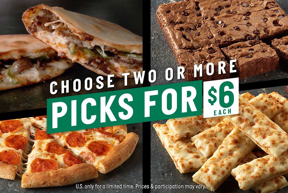 Save with the Pick 2 or More for $6 Each Deal at Participating Papa John's Pizza Locations Save with the Pick 2 or More for $6 Each Deal at Participating Papa John's Pizza Locations
