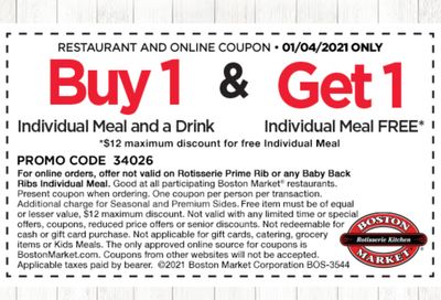 One Day Only: Rotisserie Rewards Members Check Your Inbox for a Boston Market BOGO Meal Coupon 