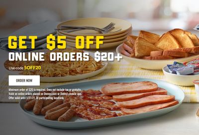 Get $5 Off Your Next Online or In-app Denny's Order of $20 or More Through to January 31