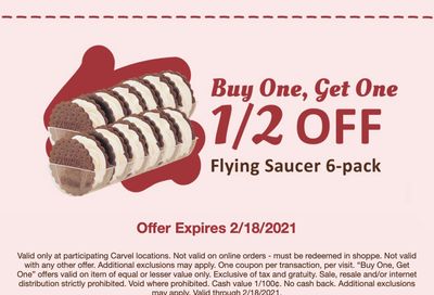 Fudgie Fanatics, Check Your Inbox for a New Buy One Get One Half Off Flying Saucer Coupon at Carvel