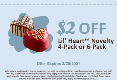 Get $2 Off a Novelty 4 or 6-Pack of Lil' Hearts at Carvel Through to February 25 with a New Coupon