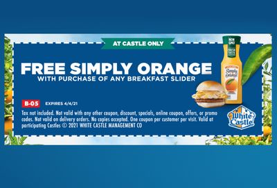 Buy a Breakfast Slider In-Restaurant and Get a Free Simply Orange with a New White Castle Coupon Through to April 4