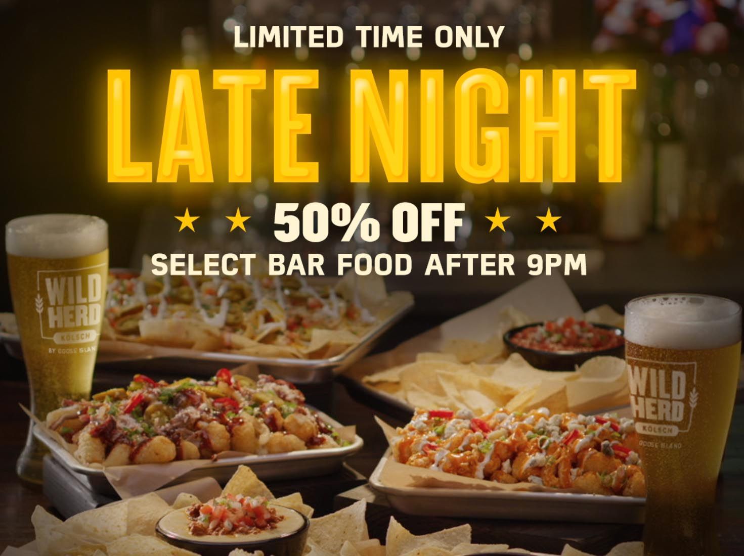 Save 50% Off after 9 PM on Select Dine-in Bar Food at Buffalo Wild Wings Through to August 31 Save 50% Off after 9 PM on Select Dine-in Bar Food at Buffalo Wild Wings Through to August 31