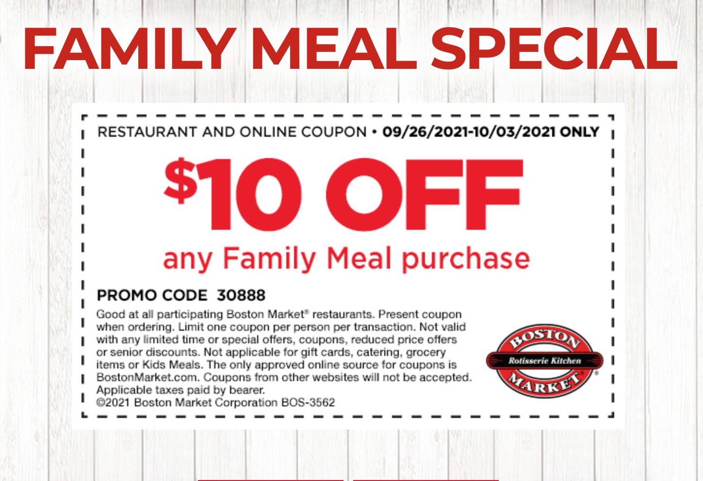 Rotisserie Rewards Members Get $10 Off Any Family Meal at Boston Market with a New Email Coupon Rotisserie Rewards Members Get $10 Off Any Family Meal at Boston Market with a New Email Coupon
