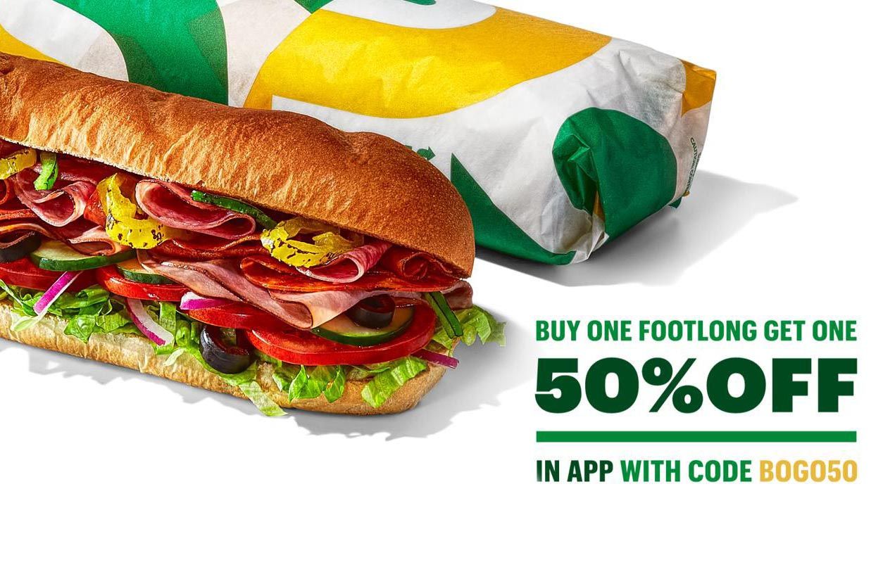 Buy 1 Footlong, Get Another at 50% Off with Online Subway Orders Using a New Promo Code Buy 1 Footlong, Get Another at 50% Off with Online Subway Orders Using a New Promo Code