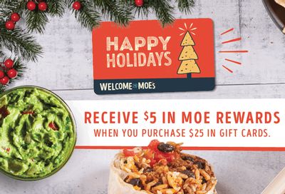 Score $5 in Moe Rewards for Every $25 Gift Card Your Purchase Online Through to December 31 at Moe’s Southwest Grill