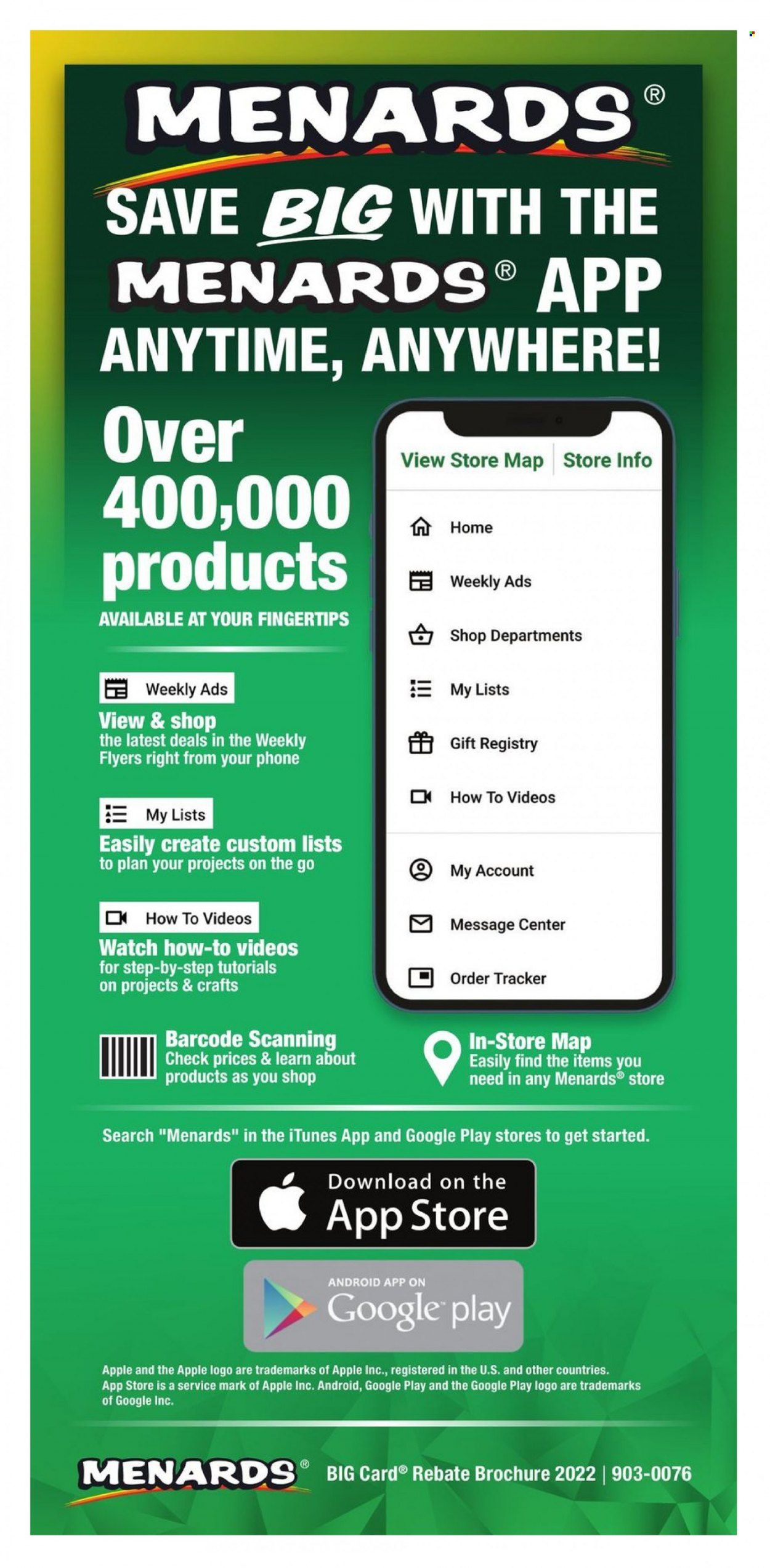 Menards (IA, IL, IN, MI, MN, MO, ND, NE, WI) BIG CARD BROCHURE Weekly Ad Flyer Specials January 2 to December 31, 2022