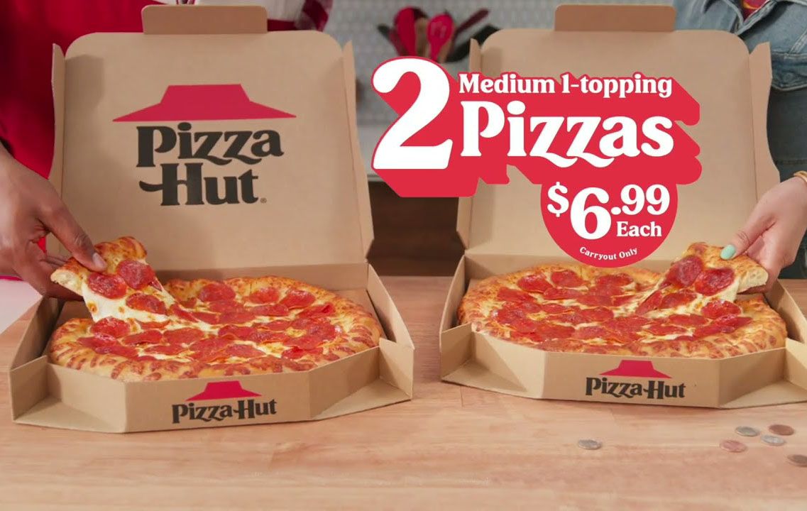 Get 2 Medium 1 Topping Pizzas for $6.99 Each at Participating Pizza Hut Restaurants with a Carry Out Order Get 2 Medium 1 Topping Pizzas for $6.99 Each at Participating Pizza Hut Restaurants with a Carry Out Order