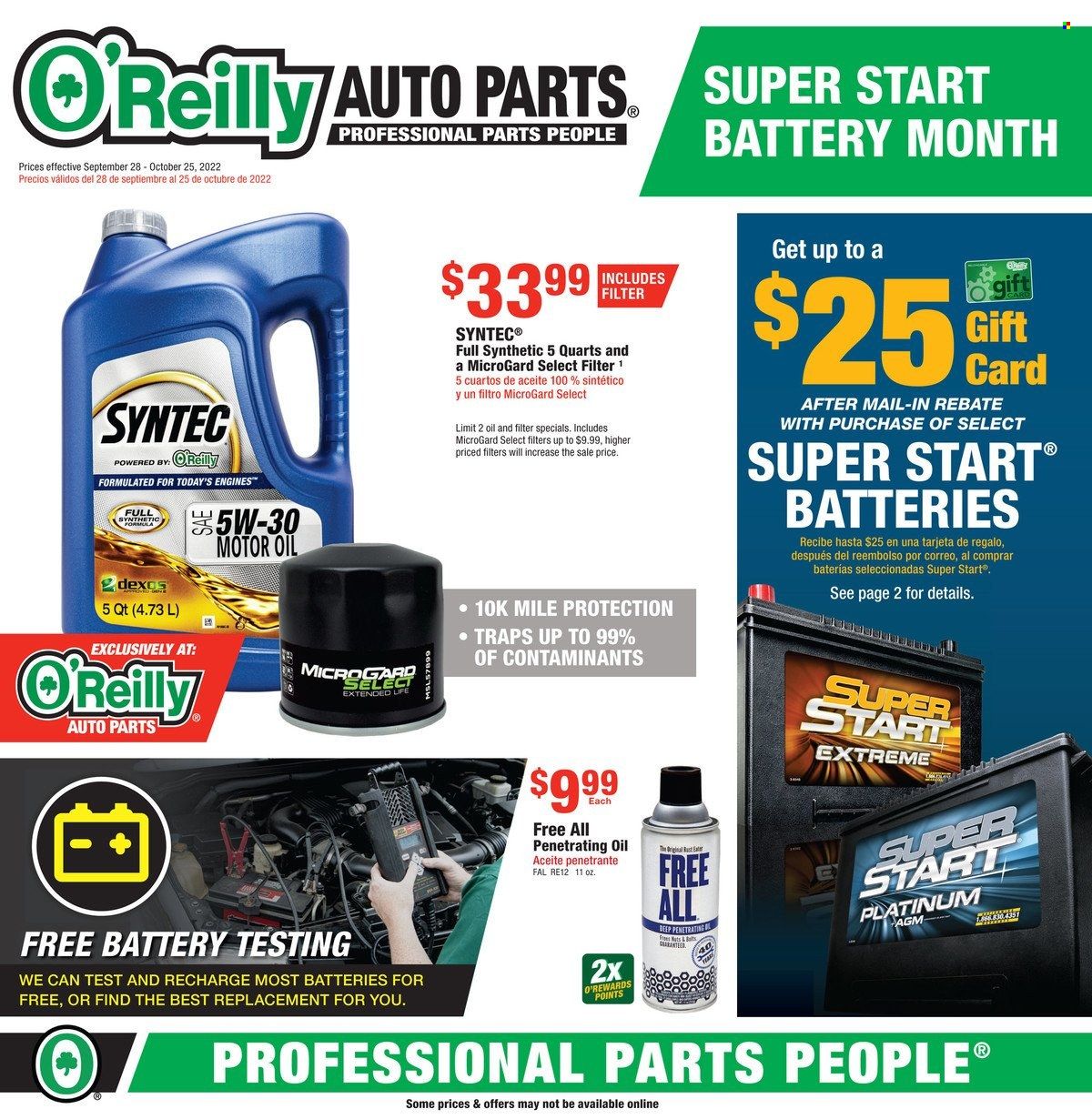 O'Reilly Auto Parts Weekly Ad Flyer Specials September 28 to October 25, 2022