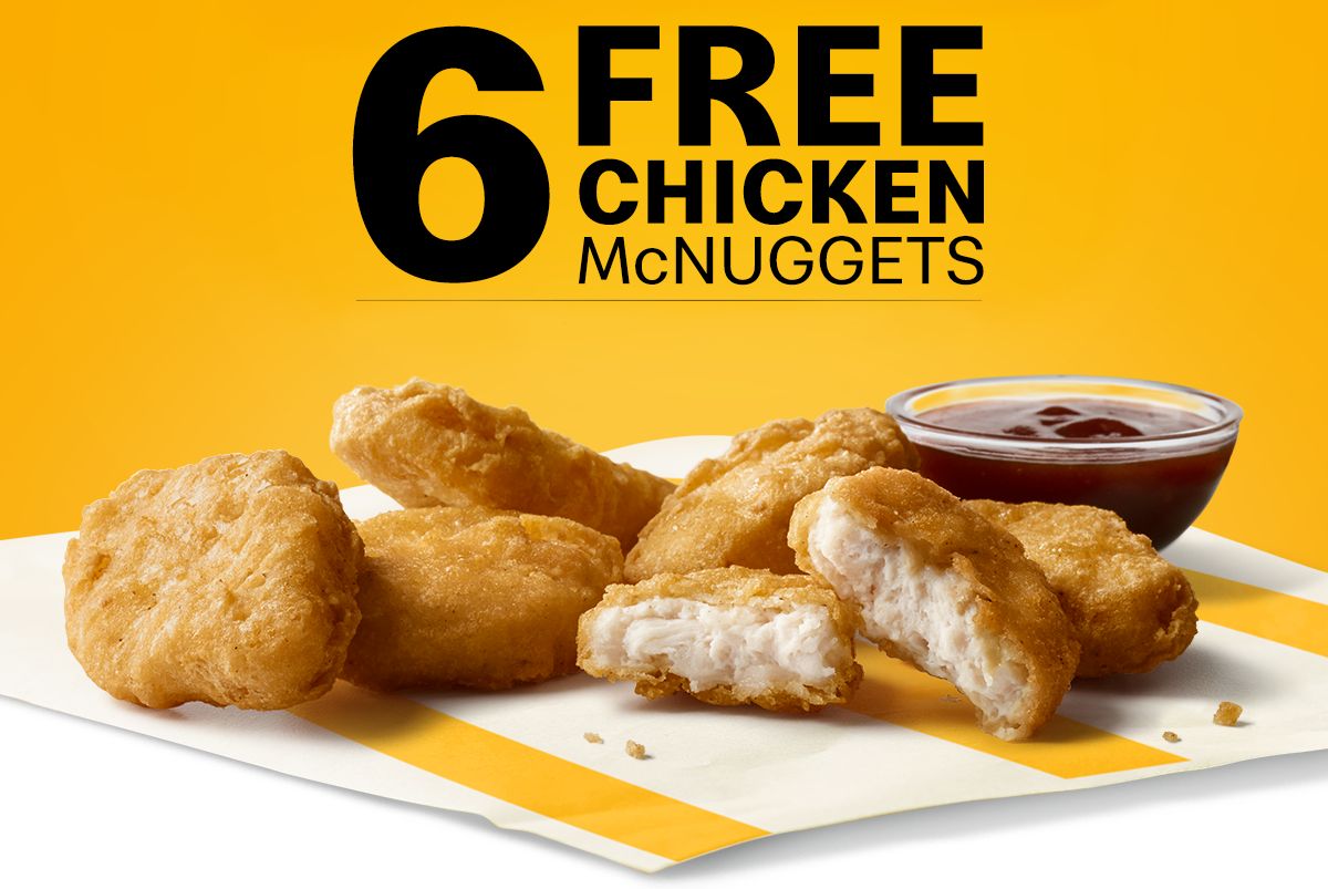 Spend $1 In-app and Get a Free 6 Piece Order of Chicken McNuggets at McDonald’s on December 15 and 16 Spend $1 In-app and Get a Free 6 Piece Order of Chicken McNuggets at McDonald’s on December 15 and 16