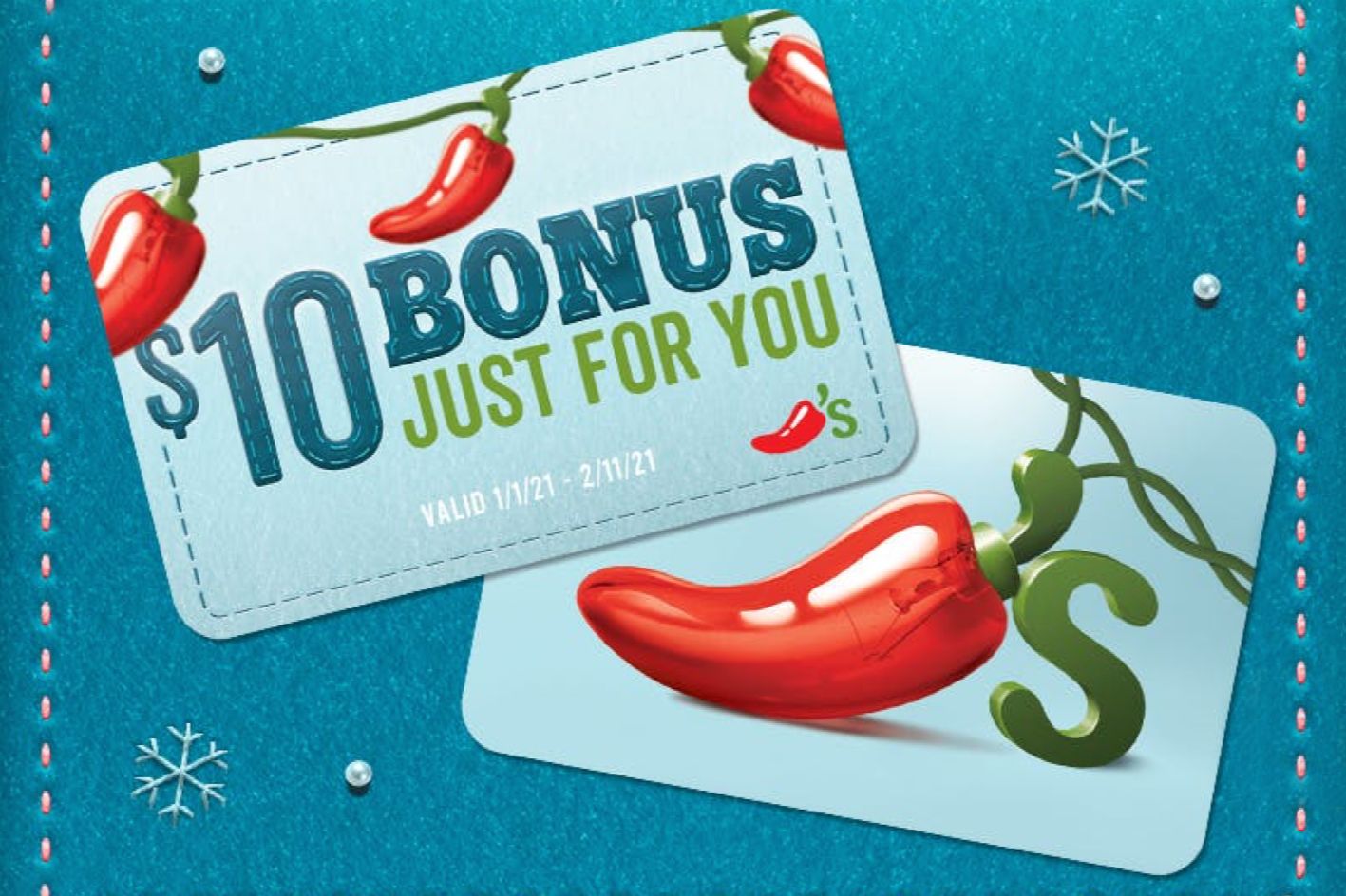 Get a $10 E-Bonus Card When You Buy a $50 Gift Card Online at Chili’s Through to December 31 Get a $10 E-Bonus Card When You Buy a $50 Gift Card Online at Chili’s Through to December 31