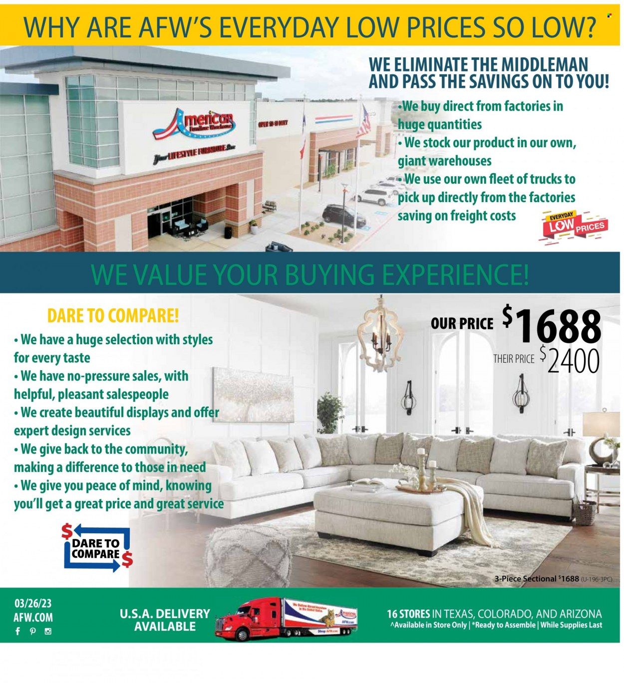 American Furniture Warehouse (AZ, CO, TX) Weekly Ad Flyer Specials March 22 to March 26, 2023