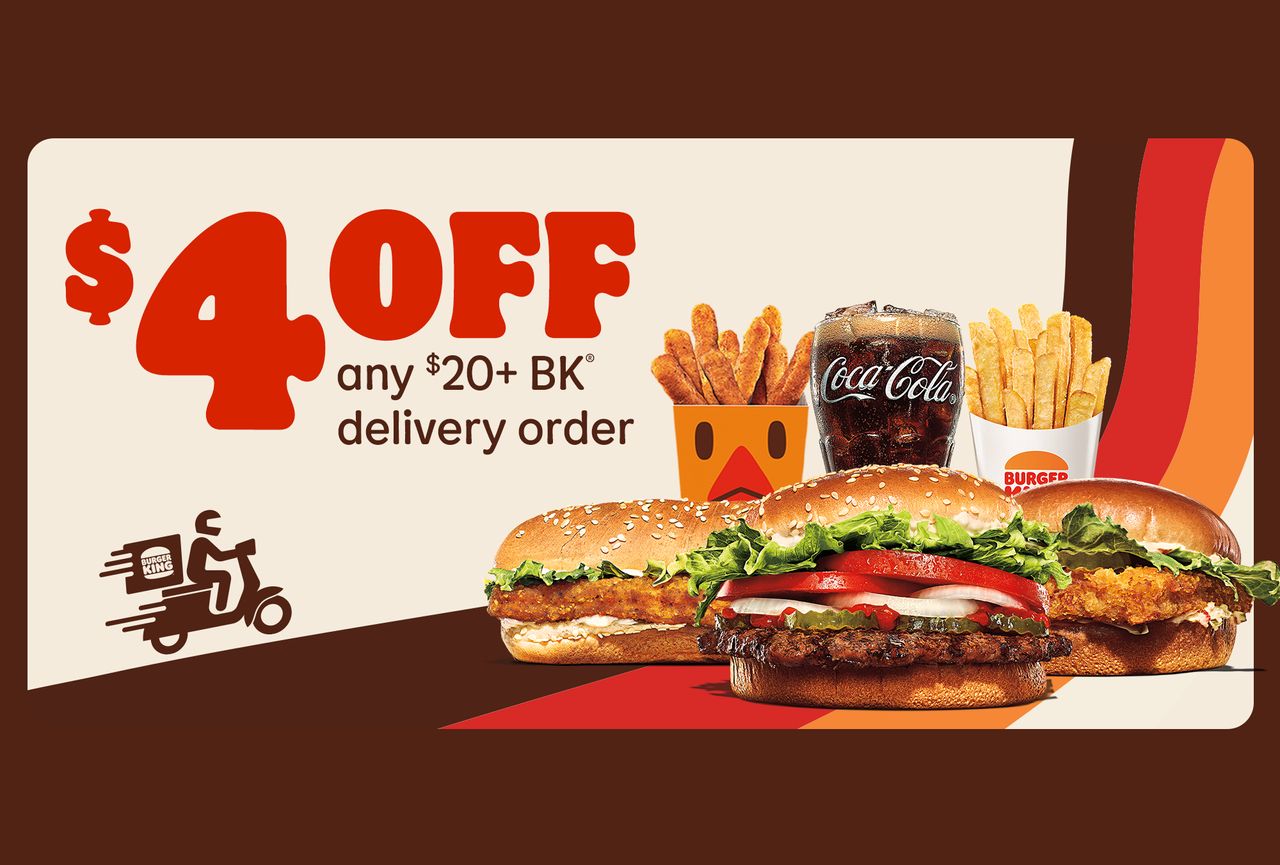 Save $4 Off a $20+ Burger King Online or BK App Delivery Order: A Royal Perks Exclusive Save $4 Off a $20+ Burger King Online or BK App Delivery Order: A Royal Perks Exclusive