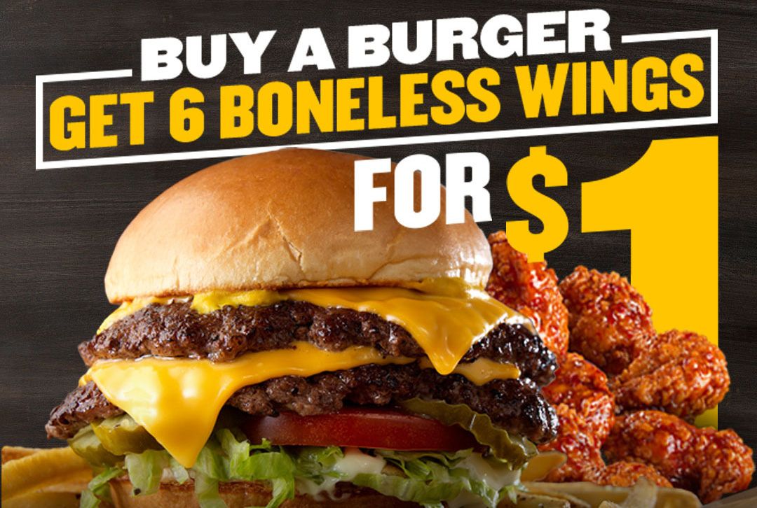 Get 6 Boneless Wings for $1 with a Burger Purchase at Buffalo Wild Wings: A Rewards Exclusive Get 6 Boneless Wings for $1 with a Burger Purchase at Buffalo Wild Wings: A Rewards Exclusive