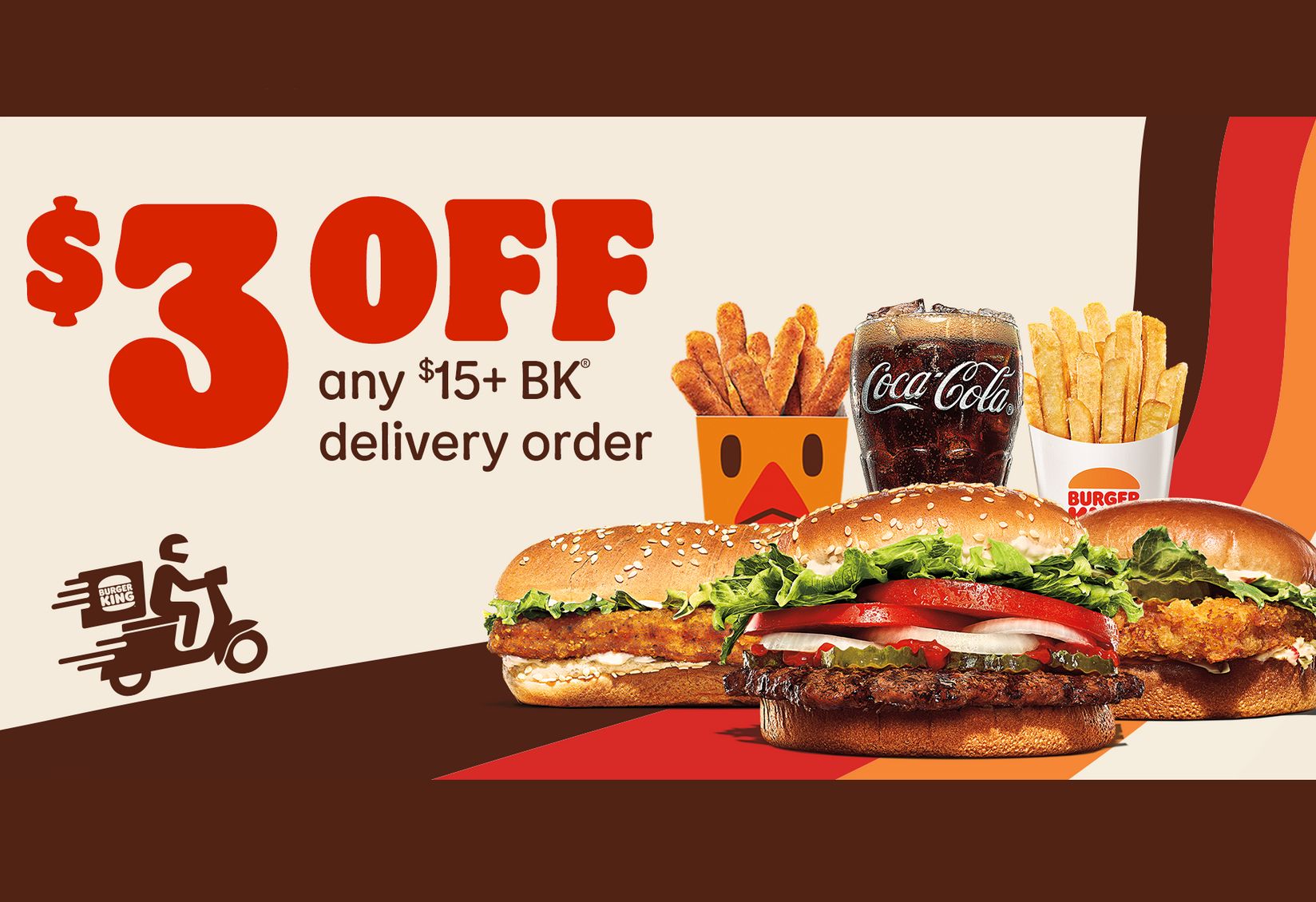 Save $3 Off Any $15+ In-app or Online Delivery Order at Burger King Through to July 31 Save $3 Off Any $15+ In-app or Online Delivery Order at Burger King Through to July 31