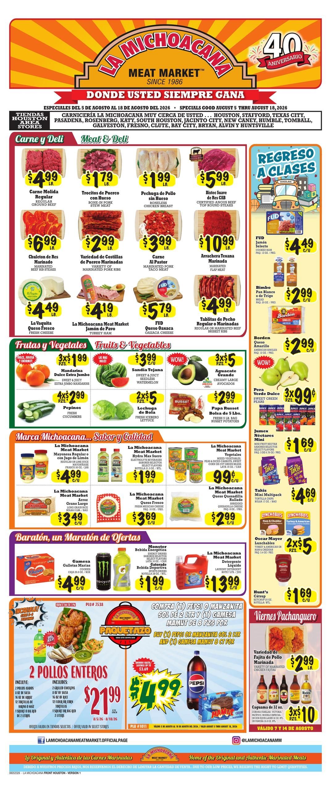 La Michoacana Meat Market (Sugar Land–Pearland Area, TX) Weekly Ad August 5 - 18, 2026