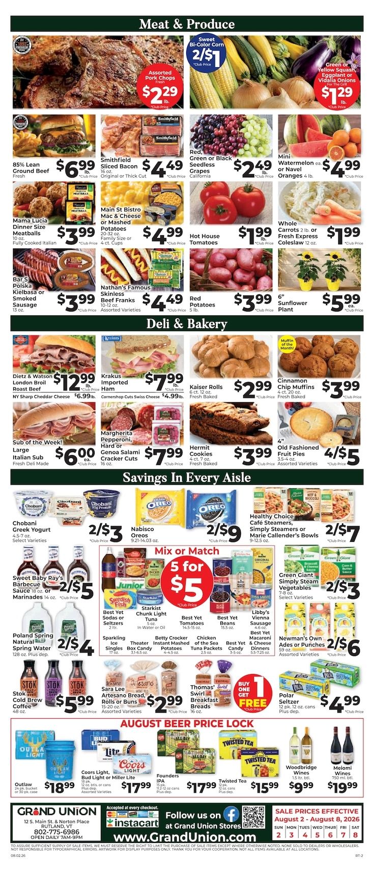 Grand Union (12 S Main St & Norton Pl, Rutland, VT) Weekly Ad August 2 - 8, 2026