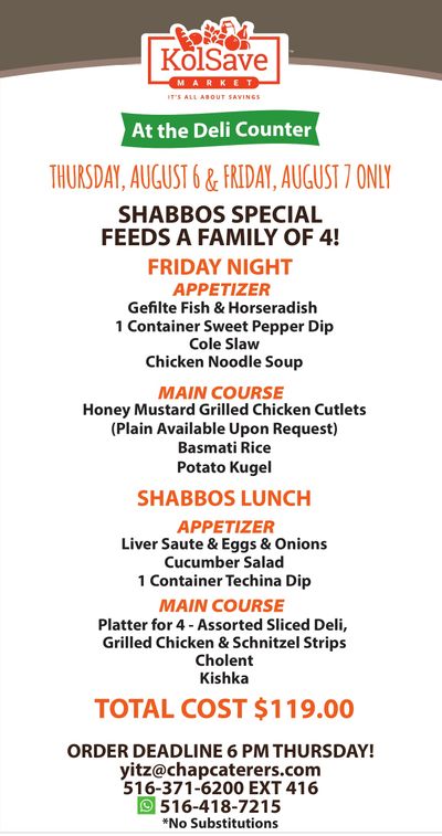 KolSave Market Deli Shabbos Specials Weekly Ad August 7 - 8, 2026