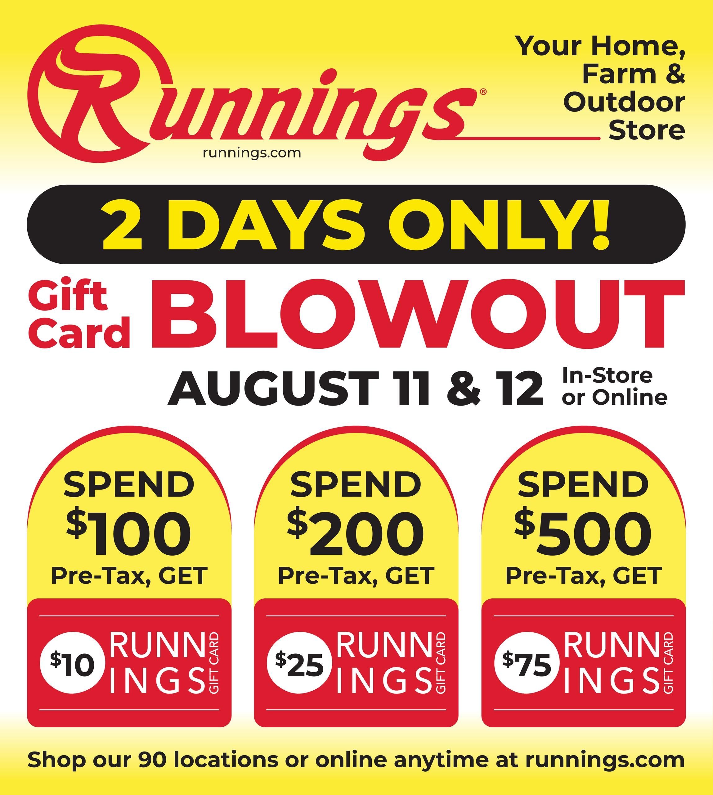 Runnings Gift Card Blowout Weekly Ad August 11 - 12, 2026