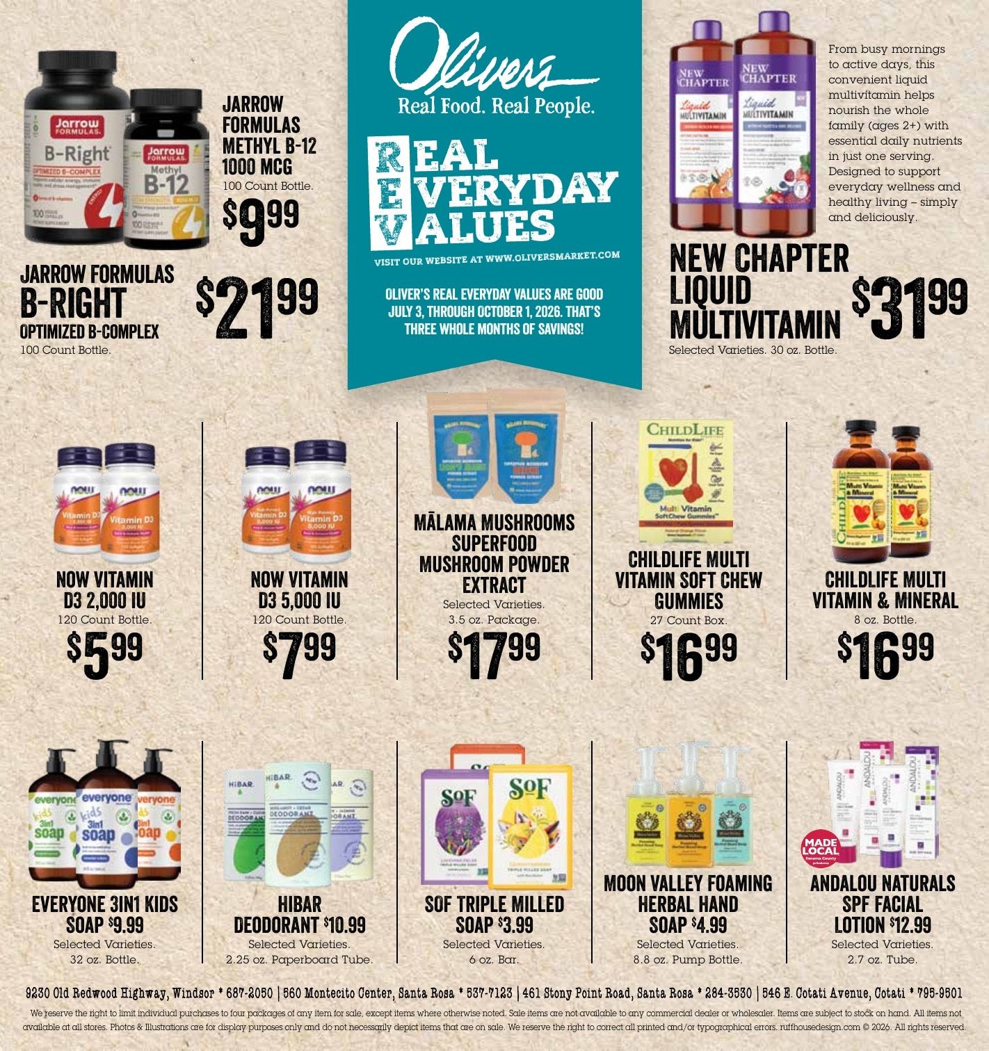Oliver's Market Real Everyday Values Weekly Ad July 3 - October 1, 2026