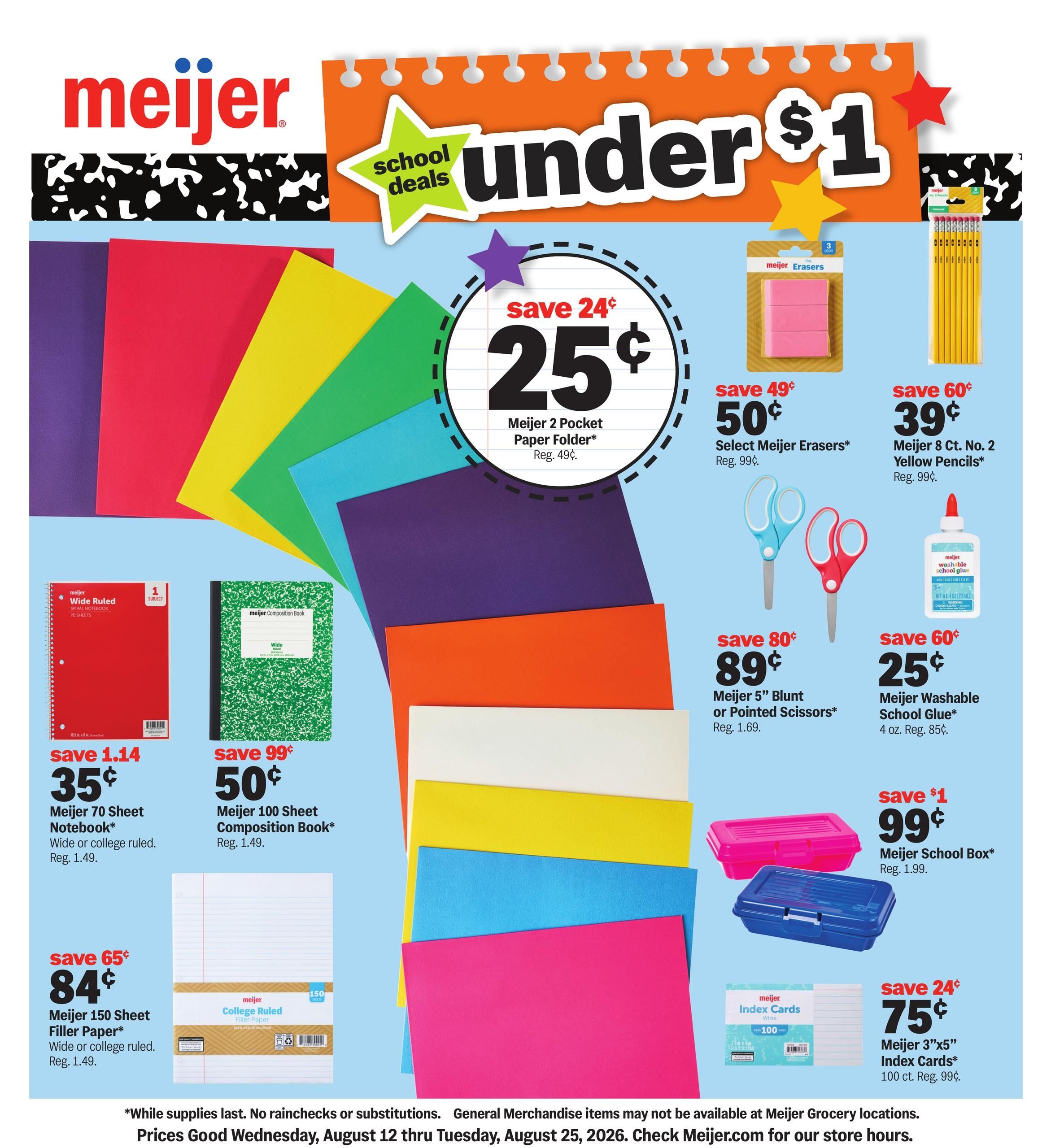 Meijer (Chicago Area, IL) school deals under $1 Weekly Ad August 12 - 25, 2026