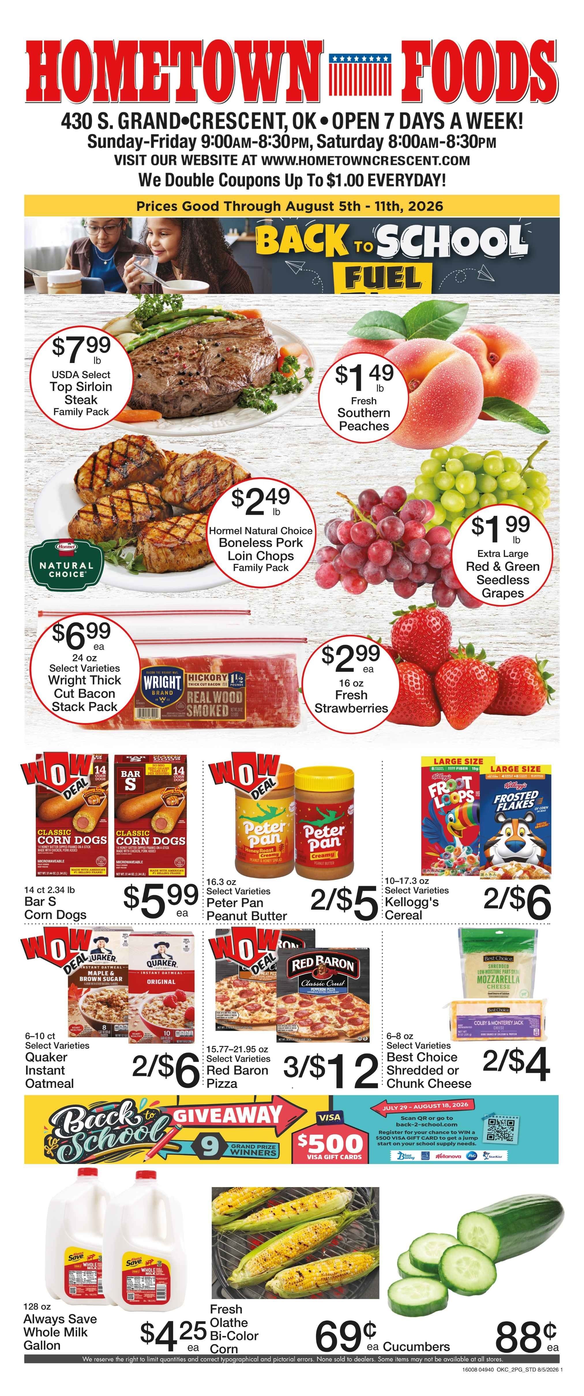 Hometown Foods Crescent Back to school Savings! Weekly Ad August 5 - 11, 2026