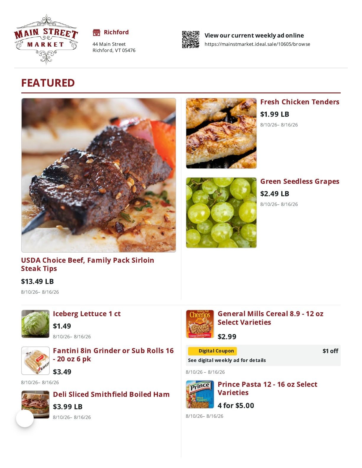 Main Street Market Weekly Ad August 10 - 16, 2026