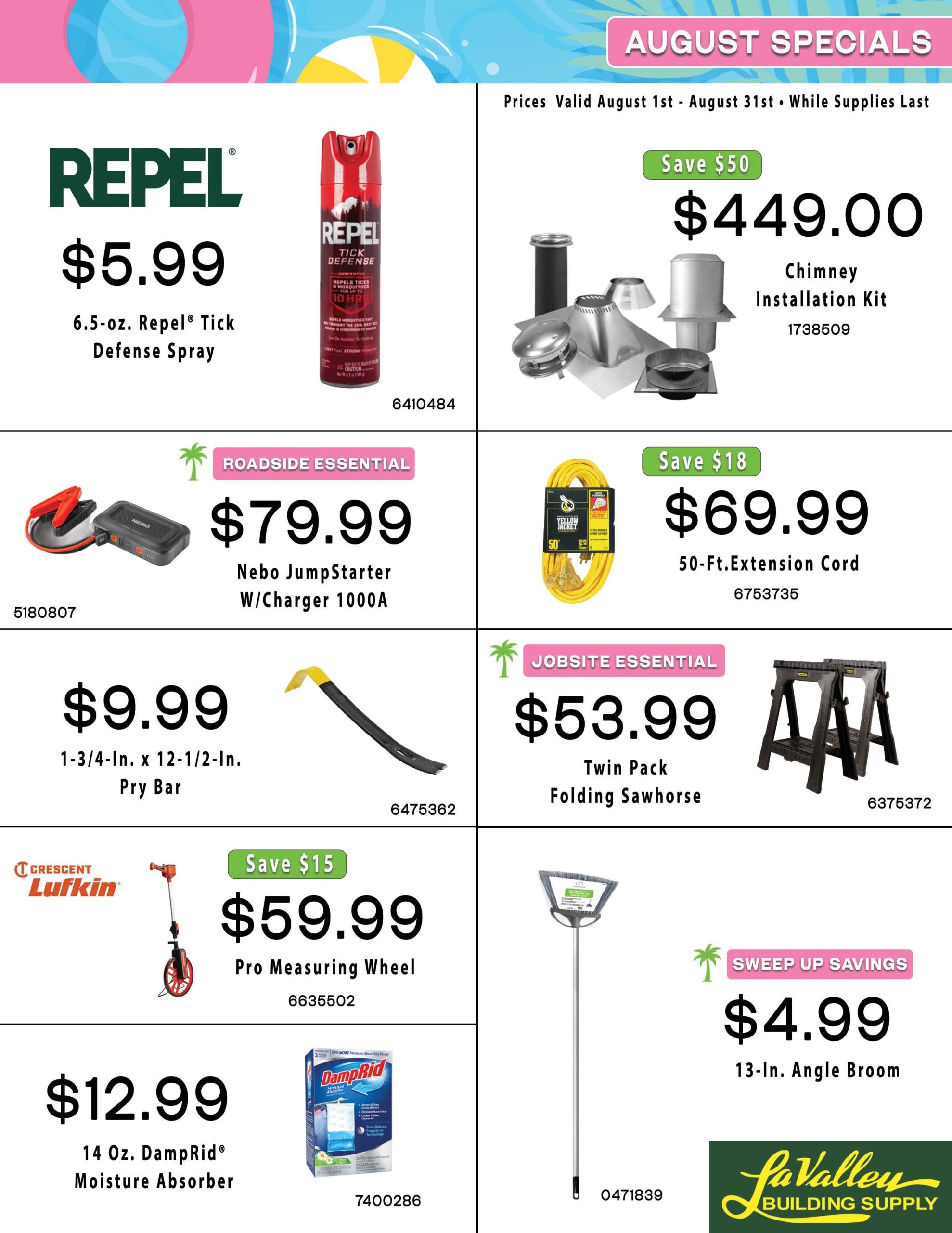 LaValley Building Supply August Doorbusters Weekly Ad August 1 - 31, 2026