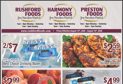 Rushford, Preston and Harmony Foods Weekly Ad August 10 - 16, 2026