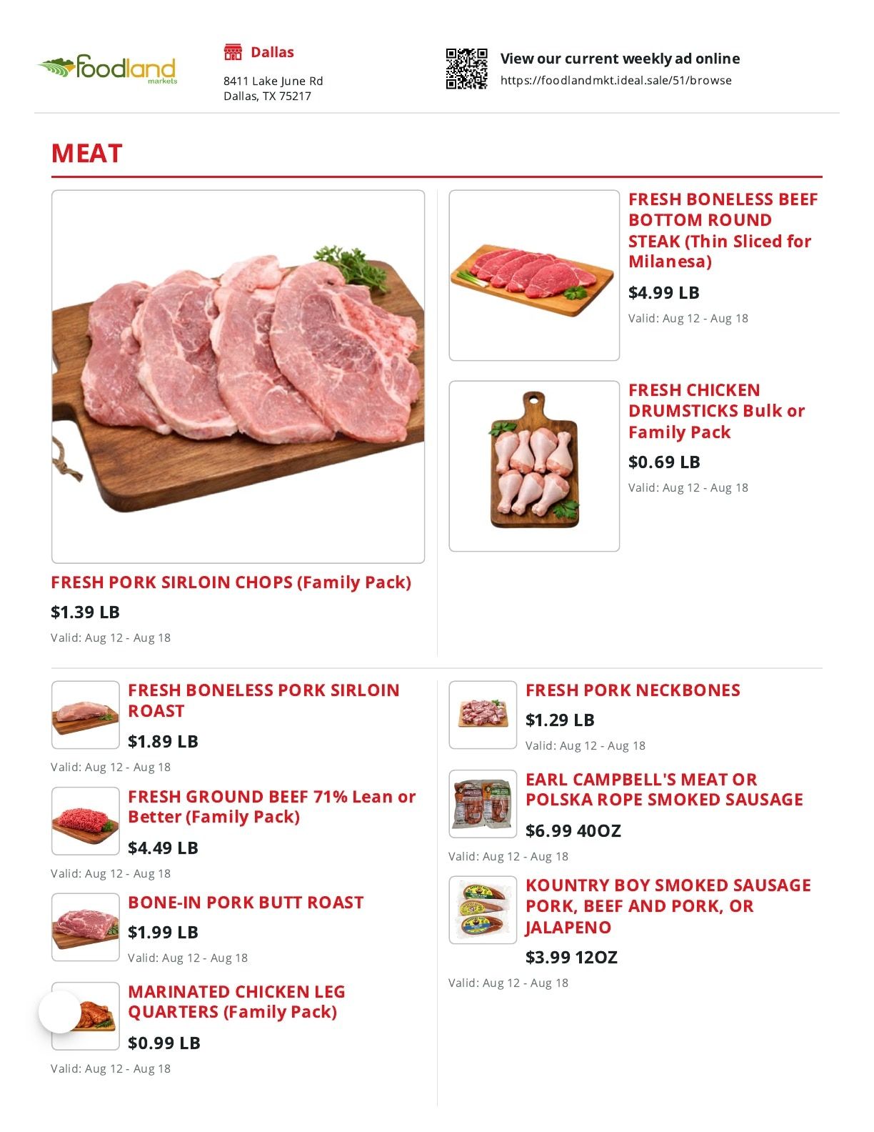 Foodland Markets (8411 Lake June Rd, Dallas, TX) Weekly Ad August 12 - 18, 2026