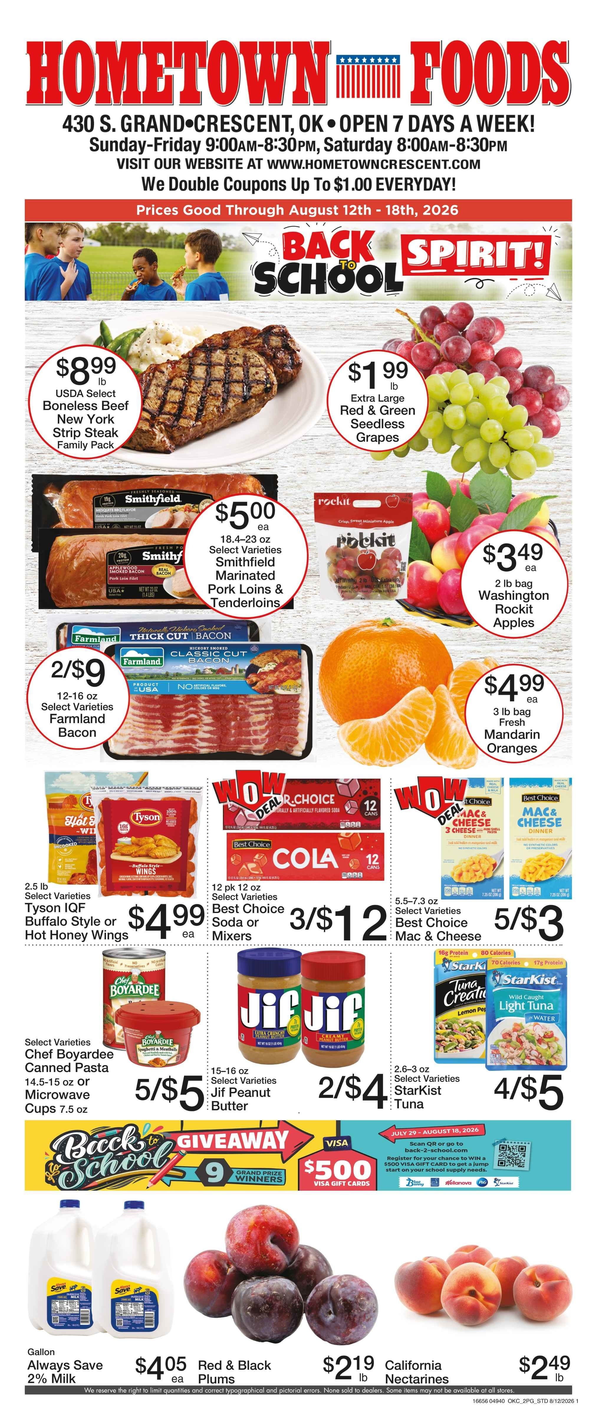 Hometown Foods Crescent Back to School SAVINGS! Weekly Ad August 12 - 18, 2026