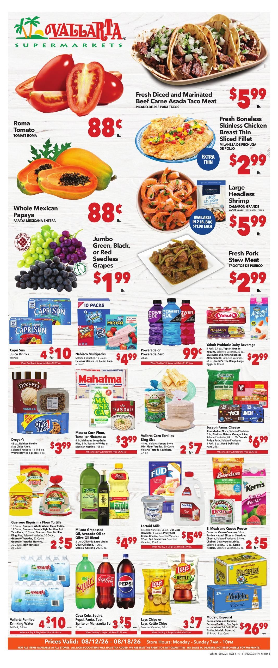 Vallarta Supermarkets (Canyon Country Area, CA) Grocery Savings Weekly Ad August 12 - 18, 2026