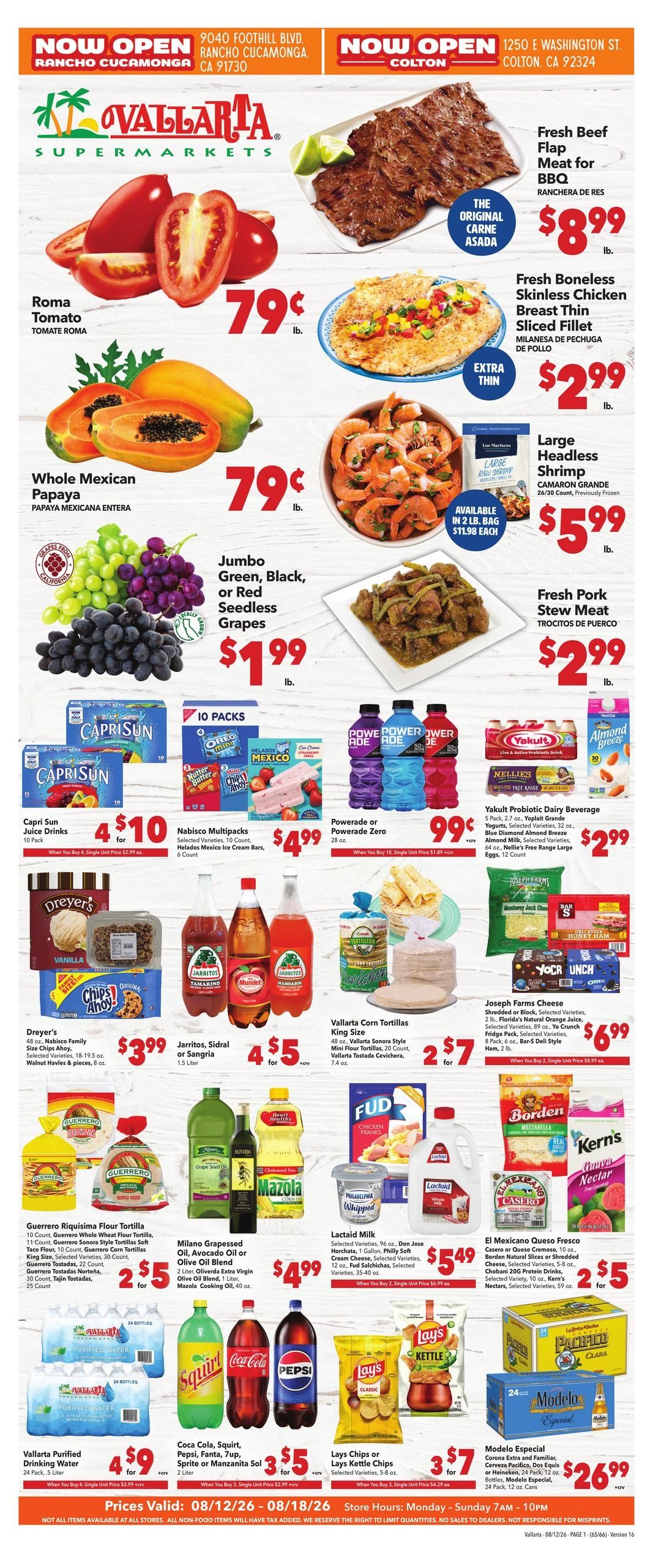 Vallarta Supermarkets (Chino Area, CA) Grocery Savings Weekly Ad August 12 - 18, 2026