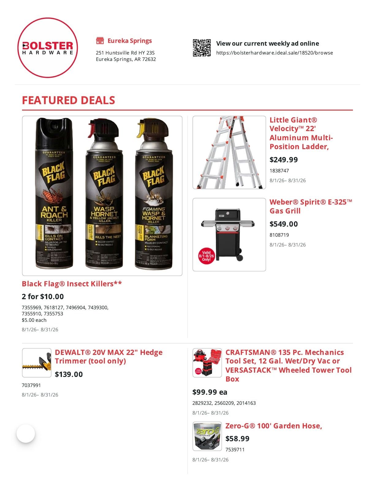 Bolster Hardware (Eureka Springs, AR) Weekly Ad August 1 - 31, 2026
