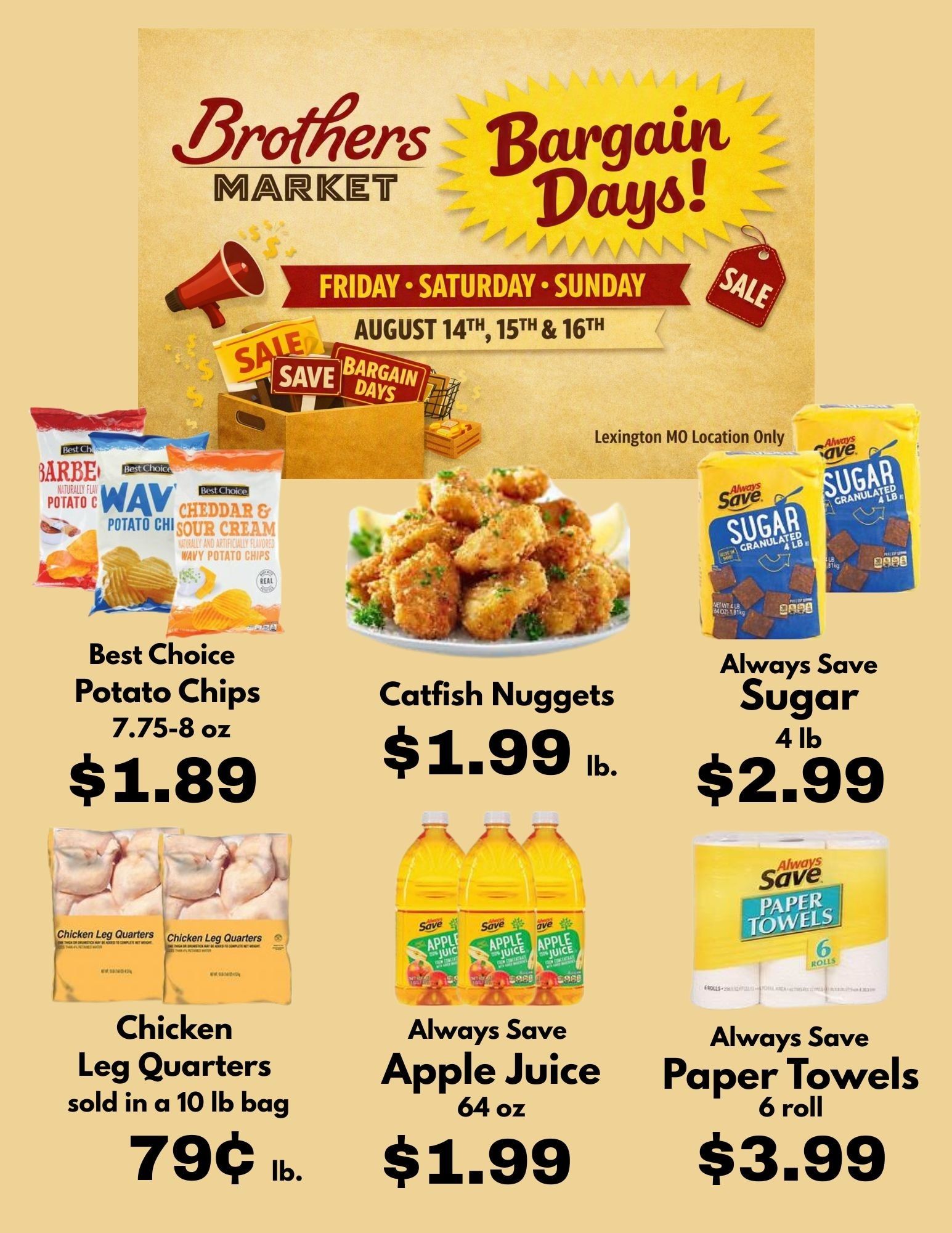 Brothers Market (538 S. Business Hwy 13, Lexington, MO) 3 Day Sale Weekly Ad August 14 - 16, 2026